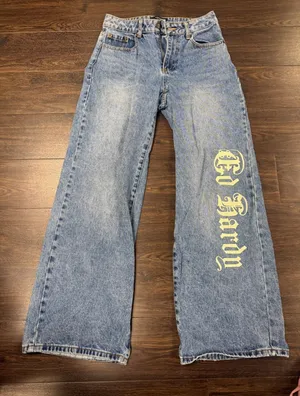 Ed Hardy Denim Jeans Women's 26 Born Free Tattoo Graphic Y2K Wide Leg thumbnail 1