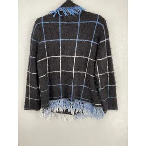 Arette Womens Cardigan Fuzzy Grid Plaid Fringe Zip Up Black Blue Large thumbnail 3
