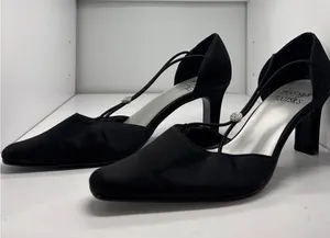 Mootsies Tootsies Black Satin T-Strap Heels with Rhinestone thumbnail 1