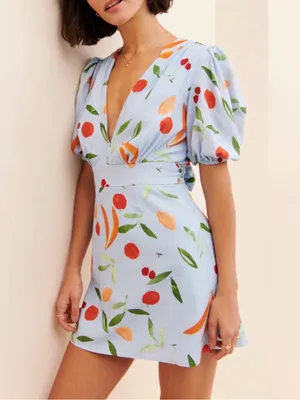 Finders Keepers Calypso Light Blue Fruit Print Puff Sleeve Mini Dress XS thumbnail 3