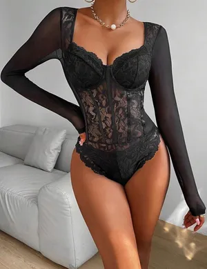 UNBRANDED Black Lace Bustier Sheer Mesh Sweetheart Neck Bodysuit thumbnail 1