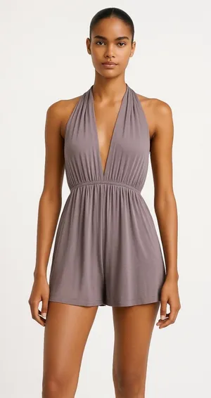 Lulus Purple Halter Plunge V Neck Sleeveless Open Back Romper Shorts Size L thumbnail 1