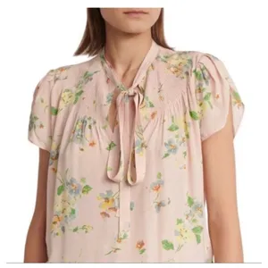 Polo Ralph Lauren Pink Floral‎ Tie Neck Blouse, Womens Large thumbnail 1