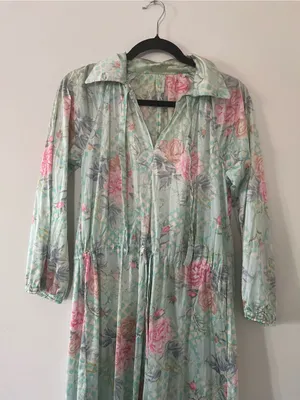 Floral Mint Green Pink Satin Maxi Dress Medium Spa Resort Lounge Caftan Beach thumbnail 2