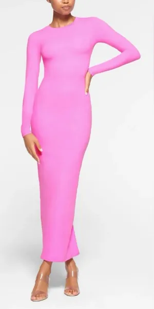 Skims Fits Everybody Crew Neck Long-Sleeve Pink Bodycon Maxi Dress Size XL thumbnail 1