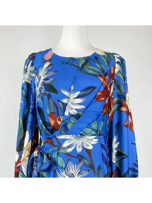 NWOT Farm Rio Blue Surreal Flowers Wrap Long Sleeve Mini Dress Size S thumbnail 3