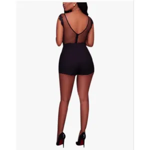 NEW Black Deep V Lace Mesh Sleeveless Thong Bodysuit L thumbnail 2