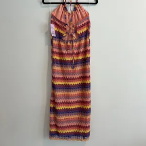 Wild Fable Crochet Halter Stripe Dress Women's Large Lace Up Back Pink Yellow thumbnail 2