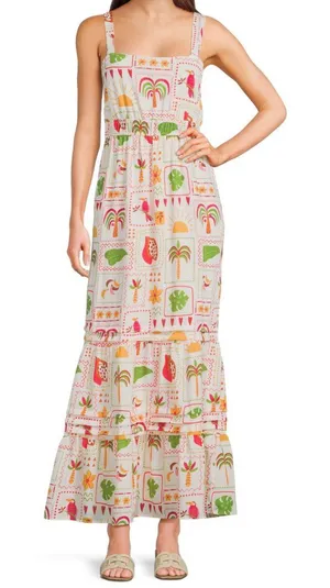 NWT Charmed Hearts Summer Print Tie Back Tiered‎ Maxi Dress thumbnail 1