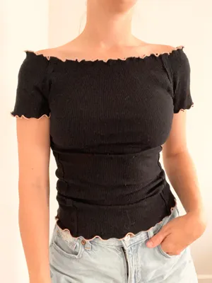 We The Free Black Off-the-Shoulder Ribbed Lettuce-Trim Crop Top thumbnail 2