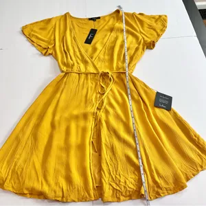 NWT Lulus Harbor Point Mustard Yellow Flutter-Sleeve‎ Mini Wrap Dress MEDIUM thumbnail 8