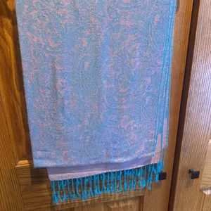 Jacquard Paisley Silk Pashmina Pink Teal Blue Fringe Wrap Shawl thumbnail 3