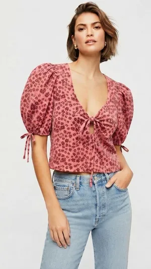 Free People Sweet Sun Top Puff Sleeve Tie-Front Cropped Top size Small thumbnail 1