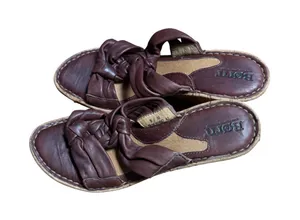BORN Women's Brown Leather Knotted‎ Wedge Mules Sandals Size 8 39 Cork thumbnail 1