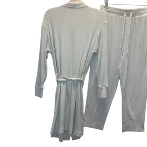 Land’s End Women's Light Green Ribbed Intimate Set Robe & Pants Pajama thumbnail 4
