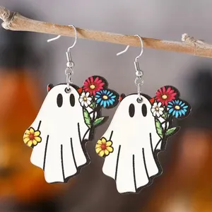 White Ghost Colorful Flower Design‎ Dangle Halloween Earrings Wooden Jewelry thumbnail 8