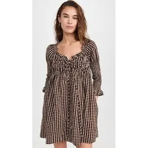 Free People Women Mini Dress L Brown Gingham Smocked Ruffle Cotton OB2049348 thumbnail 2