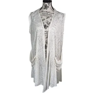 White Lace Sz M Sleeveless Swim Cover Up Vest Open Front Duster Pockets thumbnail 2