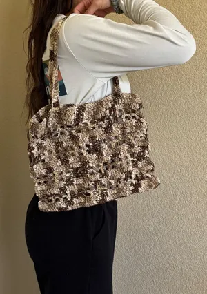 Handmade Brown and cream crochet market bag thumbnail 1
