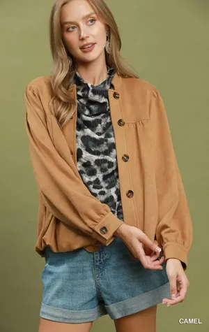 Umgee Suede Button Front Balloon Sleeve Jacket - Camel - medium thumbnail 1