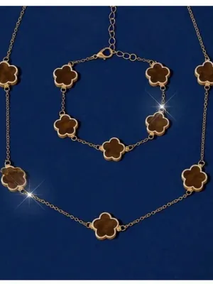 18K Gold Plated Brown Flower Necklace SET Stainless steel Womens Jewelry thumbnail 2