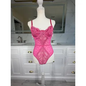 Pink Lace Teddy Bodysuit Womens Large Heart Print Sheer Mesh Underwire Lingerie thumbnail 12