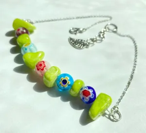 natural jade stones & colorful flower glass beads necklace/choker 💚 thumbnail 2