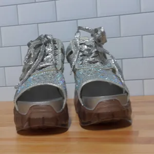 Anthony Wang Platform Sandals Silver Cutout Bedazzled Wedge Y2K 35 (US 4-4.5) thumbnail 4