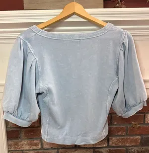 Aerie Women's Blue Acid Wash Puff Sleeve Ribbed Detail Cropped Sweatshirt thumbnail 4
