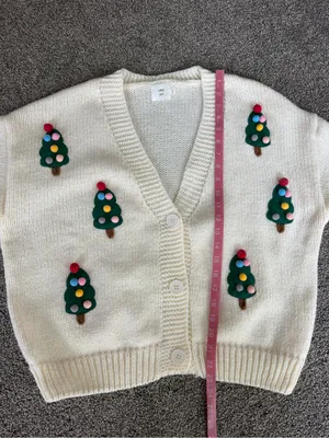 Luna Ivy Christmas Tree Pom Pom Cardigan Sweater Ivory Women’s M thumbnail 6
