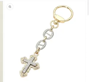 14K Gold Plated Two Tone CZ Pave Cross Drop Bag Charm Keychain thumbnail 2