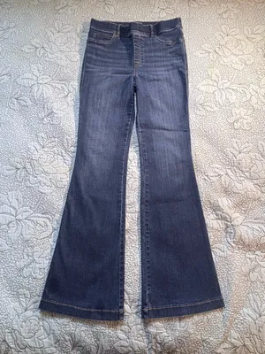 💥SPANX Pull On Flare Jeans Dark Wash High Rise Stretch Denim Size L🧡 thumbnail 3