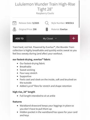 Lululemon NWT Wunder Train High Rise Tights 28” Leggings Raspberry Coulis Size 8 thumbnail 5