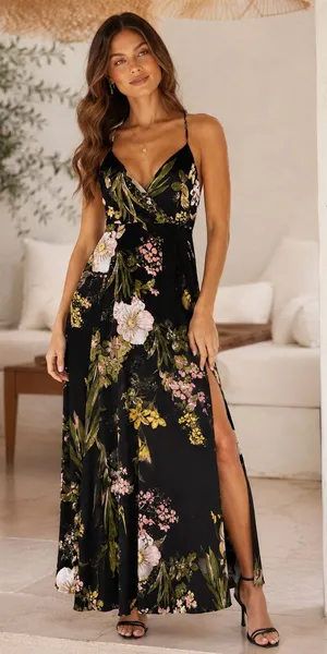 NEW Lulus Black Floral Satin Surplice V-Neck Strappy Back Maxi Dress, Large thumbnail 1