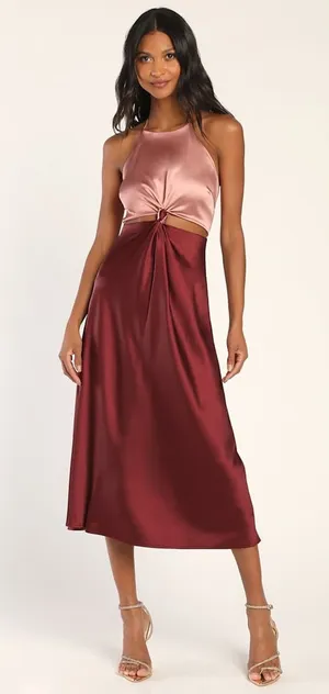 NWOT Lulus Icon Update Burgundy Color Block Knotted Halter Dress Holiday Small thumbnail 1