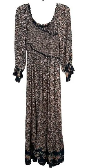 Angie Ditsy Floral Print‎ Maxi Dress Smocked Long Sleeve Bohemian Chic Ruffle thumbnail 1
