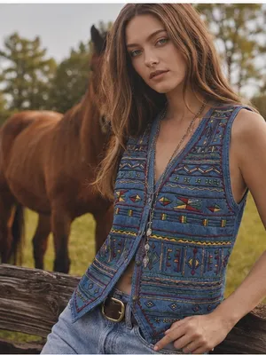 Vtg Asapo Western 100% Cotton Floral Tribal Embroidered‎ Denim Button Up Vest, M thumbnail 1