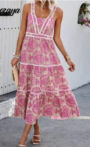 SHEIN Pink & Cream Floral Lace-Trim Tiered Maxi Dress thumbnail 1