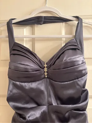 Blondie Nites Silver-Gray Ruched Satin Prom Gown thumbnail 2