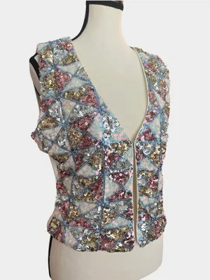 12th Tribe NWT Sequin Open Front Vest Top Large Pastel Geometric Festival Boho thumbnail 4