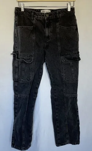 Zara black jeans cargo‎ pants denim many pockets women's size 6 casual boho thumbnail 1