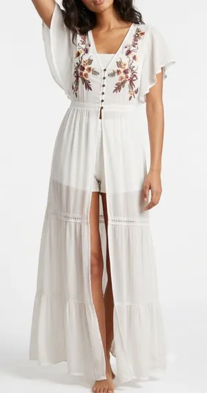 Xhilaration Women’s S White Embroidered Floral Swim Coverup/Cardigan Long Sheer thumbnail 1