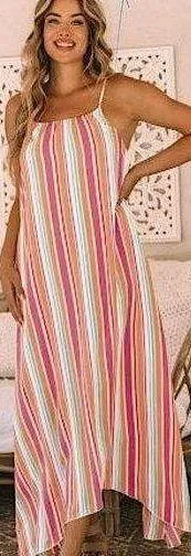 The Lace Daisy NEW Colorful Striped Spaghetti Strap Handkerchief Hem Maxi Dress Size Large thumbnail 1