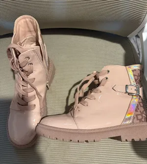 Pink Patent Lace Up Ankle Boots Monogram Print Platform Y2K thumbnail 1