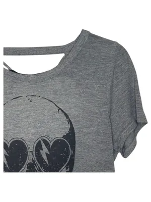 new Chaser ☻︎ Heart Eye Skull Draped Open Cross Back Tee T Shirt ☻ ︎Heather ☻︎ L thumbnail 5