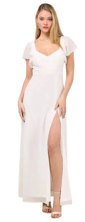 Lulus Simply Delightful White Tie-Back Flutter Sleeve Maxi Dress in White size M thumbnail 1
