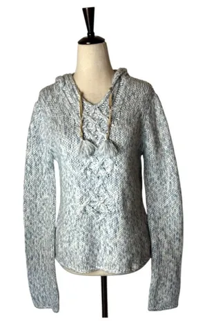 By Next Era Sweater Women Medium Blue White Cable Knit Hooded Pullover‎ Tassel thumbnail 1