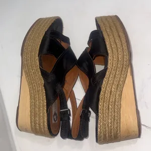 Vintage Y2K Lanvin Black Leather Platform Wood Jute Espadrille Wedge Shoes 40 thumbnail 3