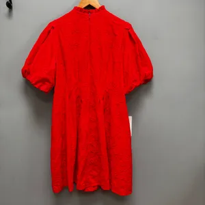 Eliza J Floral Embroidered Puff Sleeve Cotton Fit & Flare Dress in Red 14 thumbnail 10