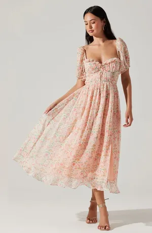 ASTR Lunaria Milkmaid Midi Dress Large Peach Floral Wedding Guest Garden Party thumbnail 1